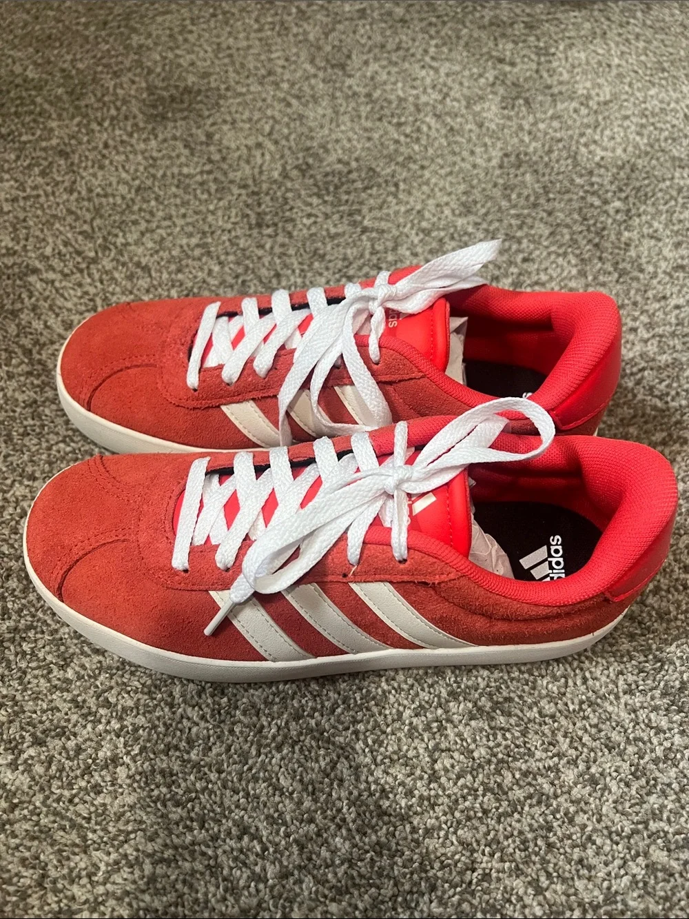 NEW, never worn Adidas Kids Red Suede Sneakers with White Stripes
